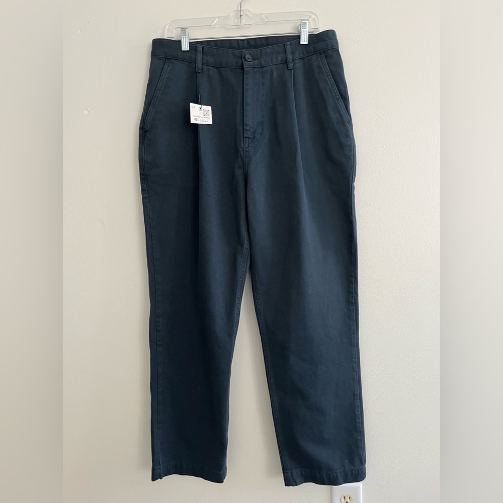 Zara Men’s Pleated Twill Pants High Waist Relaxed Fit Cropped Navy 32x29